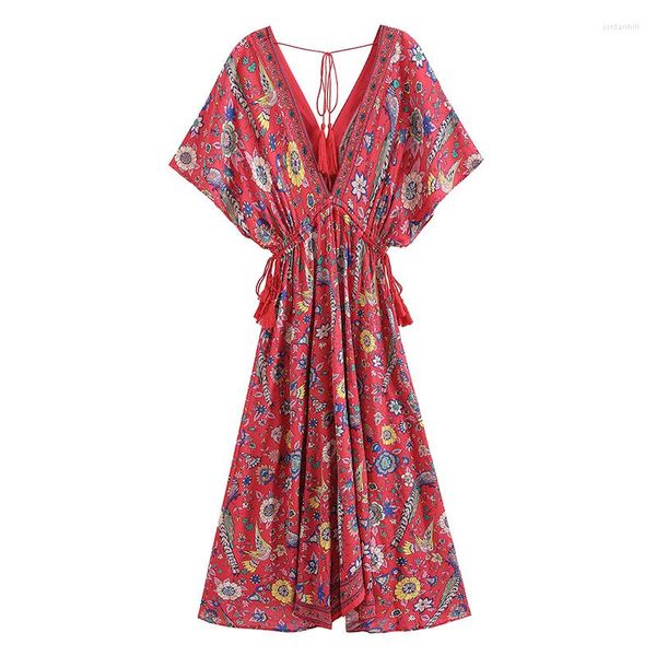 Abiti da festa Vintage Chic Moda Donna Pavone Stampa floreale Manica a pipistrello Spiaggia Bohemien Maxi Abito da donna Boho estivo con scollo a V e nappa