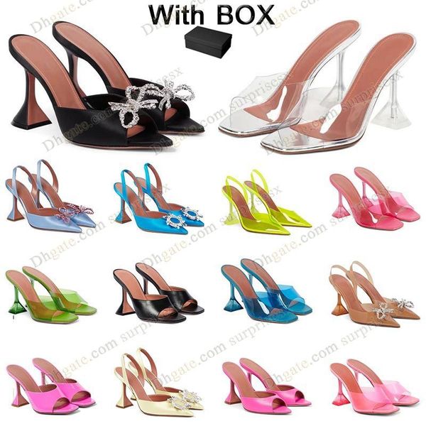 Brandneue Amina Muaddi Sandal Heels Damen Clear Nice Begum Glass Pvc Wine Cup Heel Schwarz Weiß Grün Rot Kristall DHgate Transparent Slingback Heel Größe 35-42 mit Box