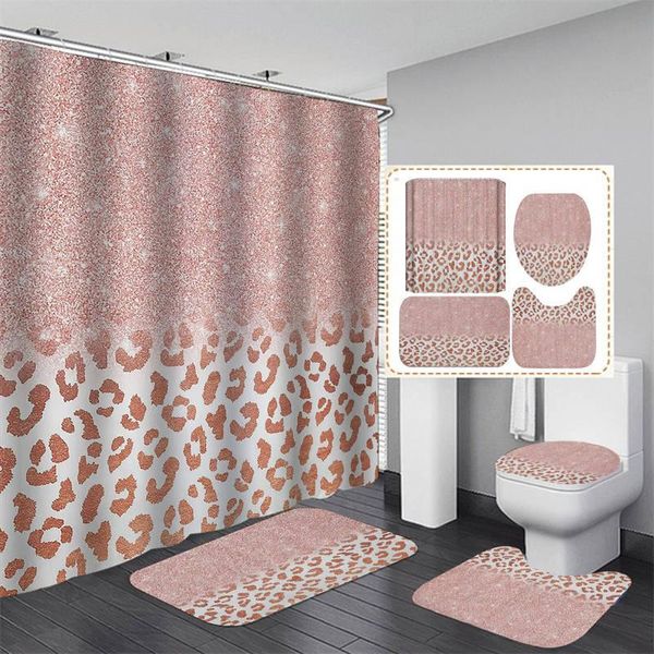 Cortinas marrom leopardo rosa cortina de chuveiro conjunto com tapetes padrão de pele animal selvagem tecido antiderrapante tapetes de banho tapete de banheiro tentador sexy lábios
