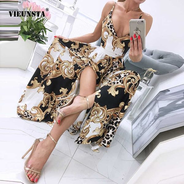 Novas mulheres verão Bohemian Party Elegant Dress Maxi Dress Sexy Spaghetti Strap V Neck Ladies Vintage Leopard Floral Print Es 230508