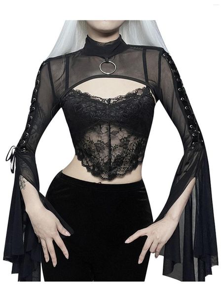 T-shirt da donna Top da donna in maglia trasparente a maniche lunghe con scollo a lupetto O ring Giacca con lacci Gothic Punk Flare Crop Top Performance