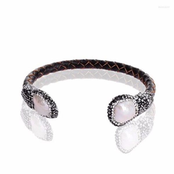 Strand Fashion Pearl Bracelet Crystal Leather White Keshi Cerâmica quadrada gravada