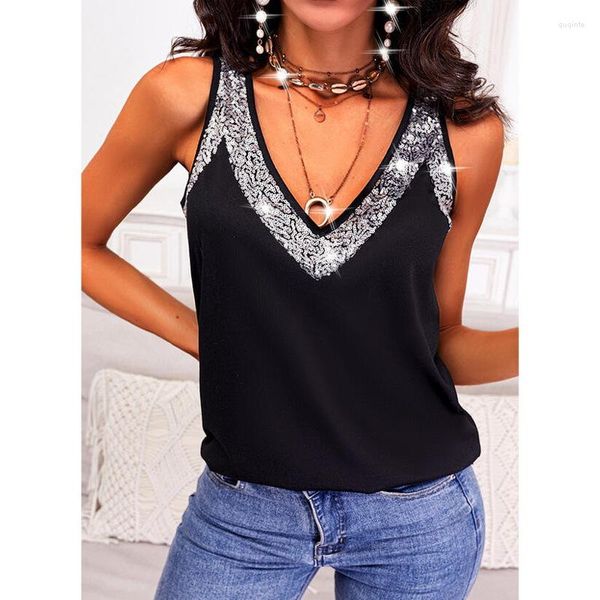 Canottiere da donna OUSLEE Top in chiffon estivo Tinta unita da donna Gilet senza maniche con perline T-shirt allentata Canotta casual da donna T-shirt