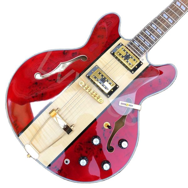 Lvybest Red Glossy Finish Half Hollow Arched Jazz E-Gitarre Gold Hartholz E-Gitarre