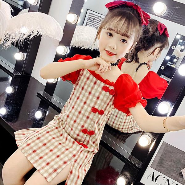 Mädchenkleider 2023 Sommer Spitze Mesh Prinzessin Cheongsam Qipao Ärmellos Kariert Split Kinder Kind Kleinkind Teen 5 6 8 9 10 11 12 Jahre