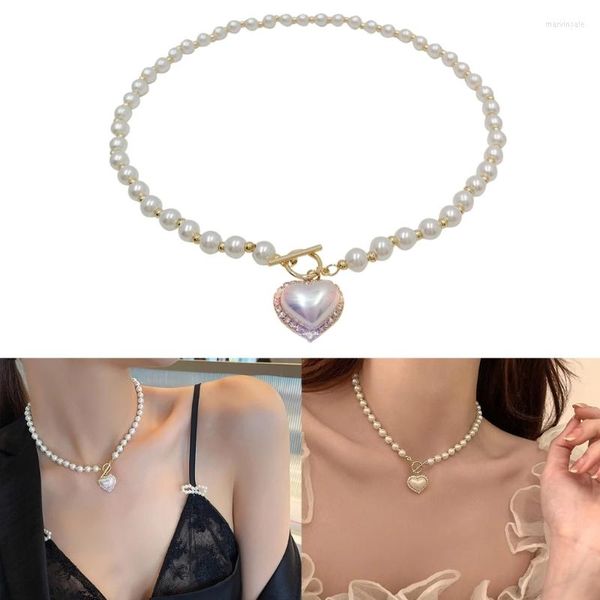 Ketten Barock Perlenstrang Kette Liebe Herz Anhänger Pullover Handverlesene Büroklammer Schnalle Chunky Bead Choker Halskette Geschenk