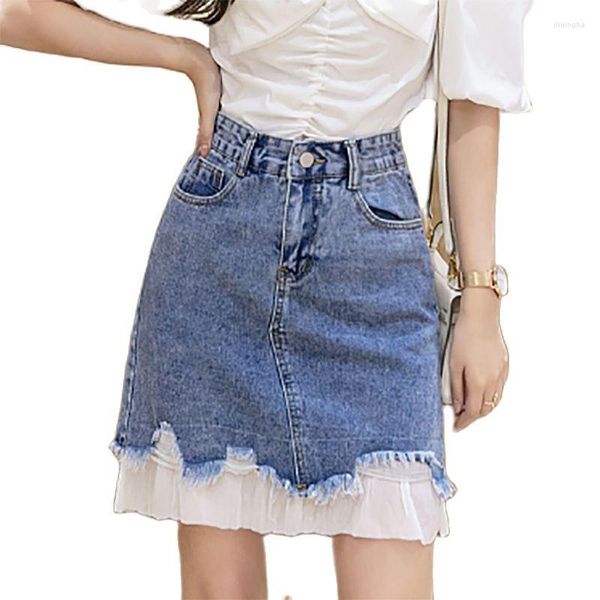 SKIRTS Hole renda de renda de retalhos Mulher Button Casual Salia de jeans de moda curta mini-line feminina roupas de verão