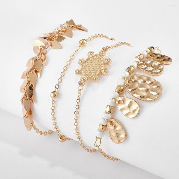 Pulseiras de link 4pcs tamel de metal vintage conjunto de pulseiras de braceletes Geometria Flor Flower Chain Color Gold Cuff jóias femininas