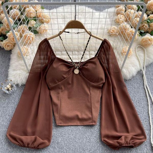 Camicette da donna Collo appeso Temperamento Top a maniche lunghe Autunno Donna Breve Chic Bella camicetta Camicie di chiffon quadrate bianche