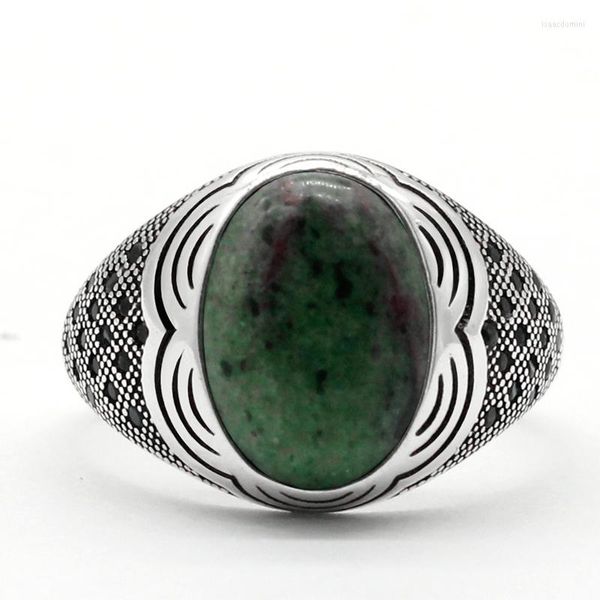 Cluster Rings S925 Sterling Silver Intarsiato Ovale 14 10 Natural Green Agate Gemstone Anello da uomo Gioielli turchi