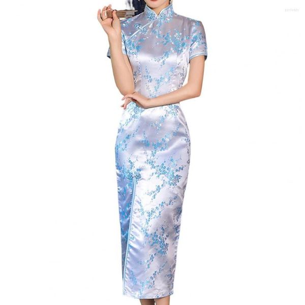 Ethnische Kleidung Frauen Kurzarm Scheibenschnallen Cheongsam Stickerei Pflaumenblütendruck Split Traditioneller Qipao weiblicher chinesischer Stil