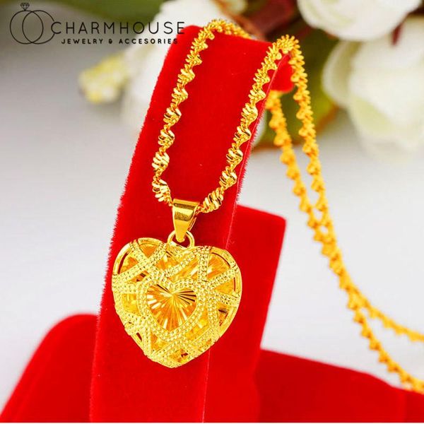 Anhänger Halsketten 24 Karat Gold Farbe Charme für Mädchen Exquisite Herz Runde Halskette Verdrehte Kette Collier Femme Hochzeitsschmuck