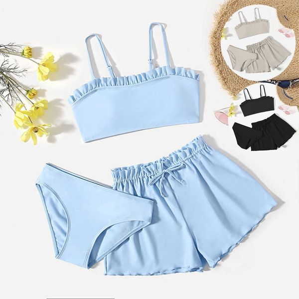 Çocuk Mayo 3pcs/Set Çocuklar Çocuk Katı Mavi Siyah Bikini Tops Donanımlar Ruffles Etek Kız Mayolar Mayo Gençler İçin Mayolar Küçük P230509