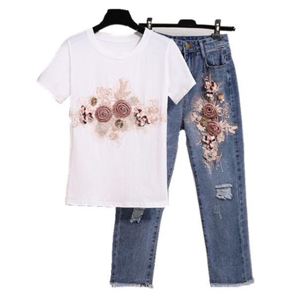 Calças femininas de 2 peças terno jeans bordado cravejado flor tridimensional camiseta de manga curta jeans rasgados