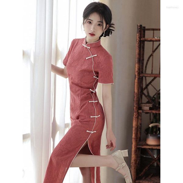 Roupas étnicas 2023 Red Vintage Cheongsam Primavera Verão Meninas Mulheres Mulheres de Manga Curta Estilo Chinês Elegante Qipao