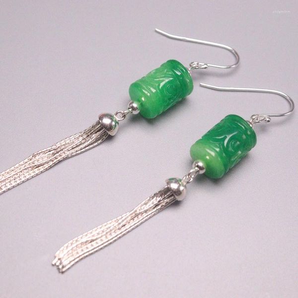 Orecchini pendenti Arrivo S925 Sterling Silver Women Luck Green Jade Tube Bead Nappe 64x9mm