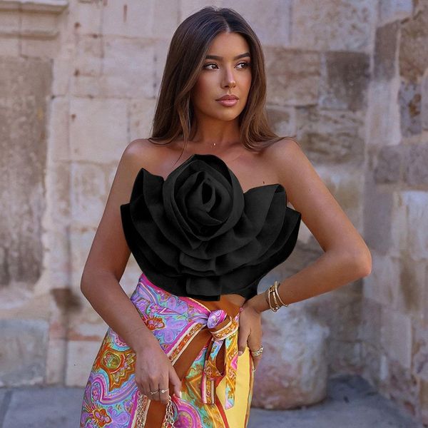 Camisoles Tanks Gelbe Krawatte Blumen 3D Crop Top Frauen Ärmellos Rückenfrei Kurz Tank s 2023 Sommer Trägerlos Cropped Falten Lässige Camis 230508