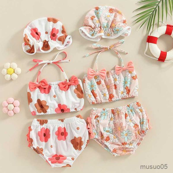 Zweiteilige Baby Mädchen dreiteilige Badeanzüge Blumendruck Neckholder Bikini Set mit Badekappe Kleinkinder Mädchen Bikini Bademode Sets