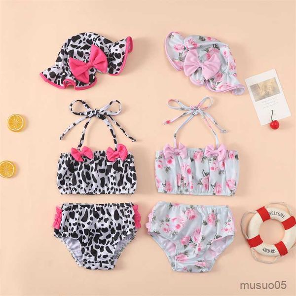 Zweiteiler Baby Bademode Mädchen Bikini Set Sommer Floral Leopard Rüschen Badeanzug mit Badekappe Kleinkind Badeanzüge Kinder Bademode