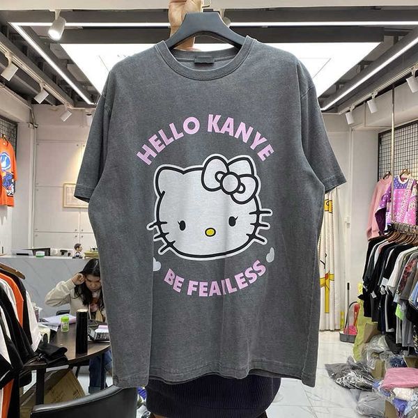 Erkek Tişörtleri Merhaba T-Shirt Erkekler Kadın En İyi Kalite Vintage Yıkanmış Üstler Tee Korkusuz Kısa Kol Batı J230509