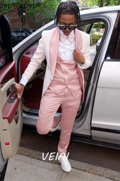 Мужские костюмы Blazers бледно -розовые костюмы Jaquard для мужчин 3 штуки One Button Blazer Primedos Set Stes