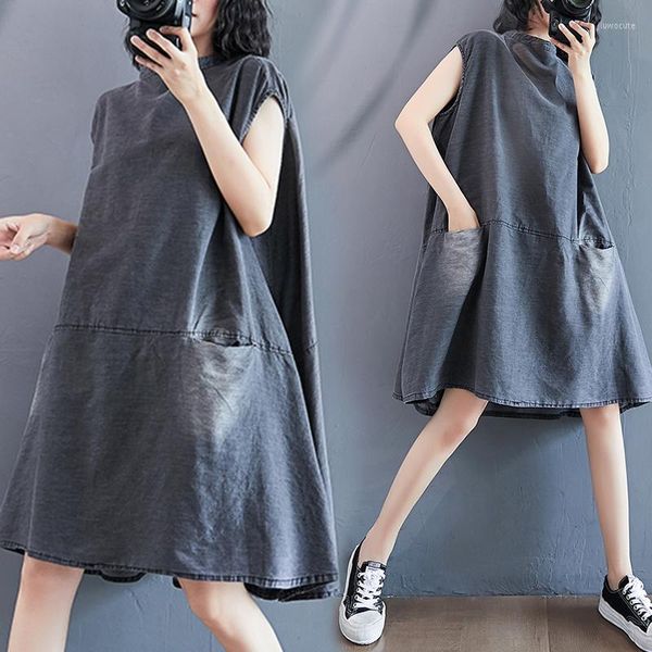 Abiti casual Donna Donna Abito in denim Vintage senza maniche allentato Jeans di media lunghezza Vestidos Lady 2023 Summer Pocket Femme Robe