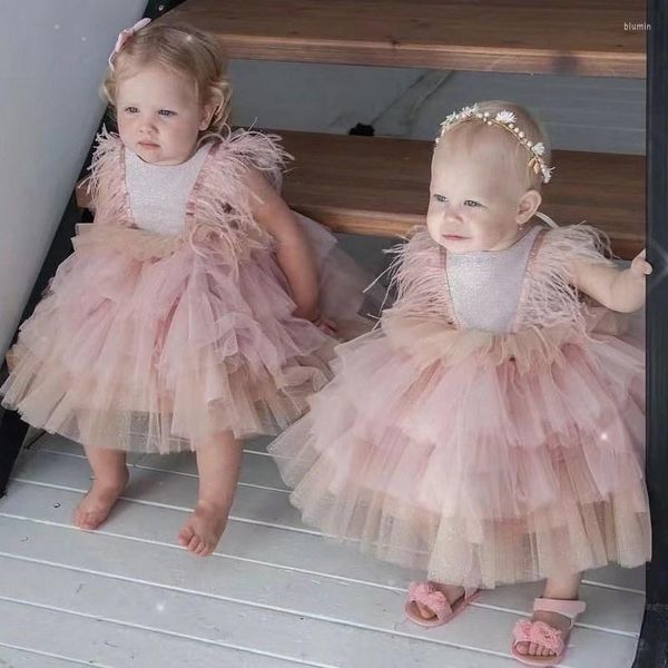 Vestidos de menina 2023 Vestido de festa da moda Princesa Mangas de sopa de sopro rosa crianças malha tutu adolescente luxo de luxo pentear roupas de arco