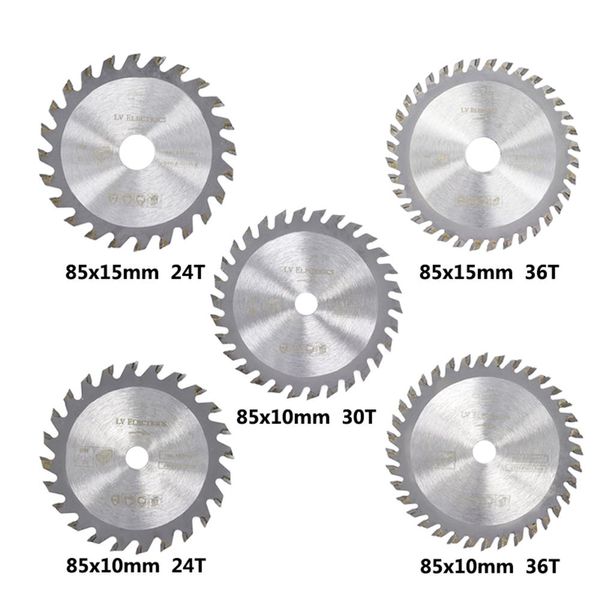 Peças 5 peças 85mm de diâmetro 24/30/36 dentes lâmina de serra circular de carboneto mini disco de corte tct lâminas de serra de madeira