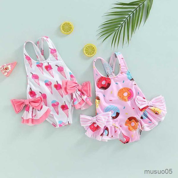 Zweiteiliger niedlicher Kleinkind-Säuglingsmädchen-Bikini-Badebekleidungs-Sommer-Eis-Druck-ärmelloser zerzauster Mode-Baby-Overall-Badeanzug