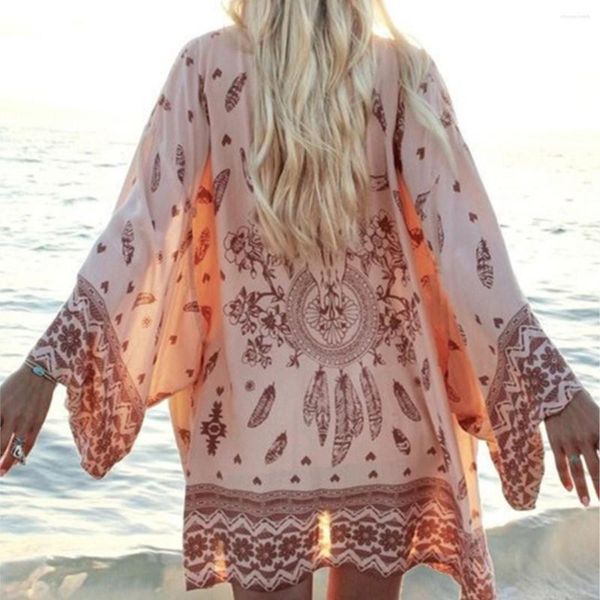 Damen Bademode Bikini Cover-ups für Beachwear Rosa Blumenmuster Schärpen Bohemian Kimono Badeanzug Fledermausärmel Boho Robe