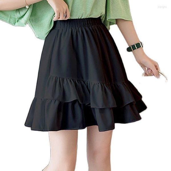 Saias 2023 Summer Ruffle Chiffon Mini -Skirt Mulheres Moda Elastic Elastic High Colo