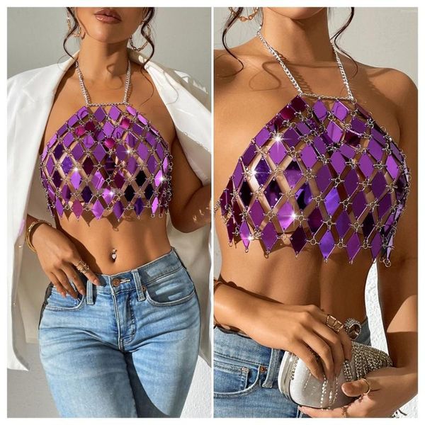 T-shirt da donna con paillettes acriliche lucide Canotta da donna Cinghie a catena in metallo Halter Tops 2023 Estate Sexy Backless Crop Festival Rave Abbigliamento