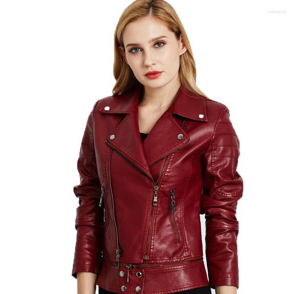 Couro de couro feminino Autumn Women PU Jacket Mulher Zipper vinho vermelho preto casaco curto terno fêmea colarinho punk Bomber Faux Outwear