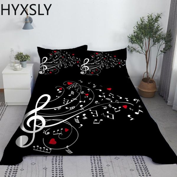 Conjunto de lençóis de cama com padrão de notas musicais, conjunto de lençóis com impressão 3d, estilo artístico, poliéster, fronha, branco, preto, roupa de cama, tamanho personalizado