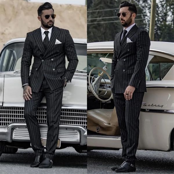 Erkekler Suits Blazers 2 PCS Siyah Stripe Erkekler Pantolon Set Blazer Tasarımcı Resmi Düğün Damat Balo Tuexdos Ofis Ceket Ceket Özel Yapımı 230509