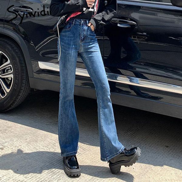 Calças de brim syiwidii super elástico sino inferior jeans feminino 2022 novo magro cintura alta azul preto vintage streetwear denim alargamento calças xs