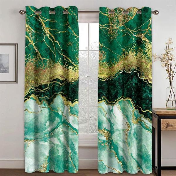 Cortina luxuosa mármore abstrato padrão de arte verde 2 pedaços cortinas de janela de sombreamento fino para o quarto da sala de casa gancho de decoração