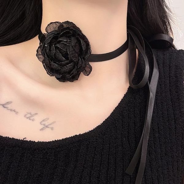 Collane con ciondolo Cool Retro Black Dinner Party Big Flower Lace Choker Collar Collana sexy con fascia per collo per gioielli da donna