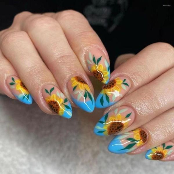 Falsche Nägel, 24 Stück, kurze Mandel-Französisch-Sonnenblume, rosa Leopard, drücken Sie auf gefälschte Nials, DIY-Maniküre, abnehmbare Nagelspitzen