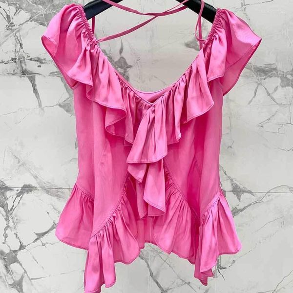 Blouses feminina 23 Summer Solid Ruffle Edge Camisa feminina Moda simples One ombro Rosa Vermelho Slim Fit Acético Tops de ácido acético para meninas