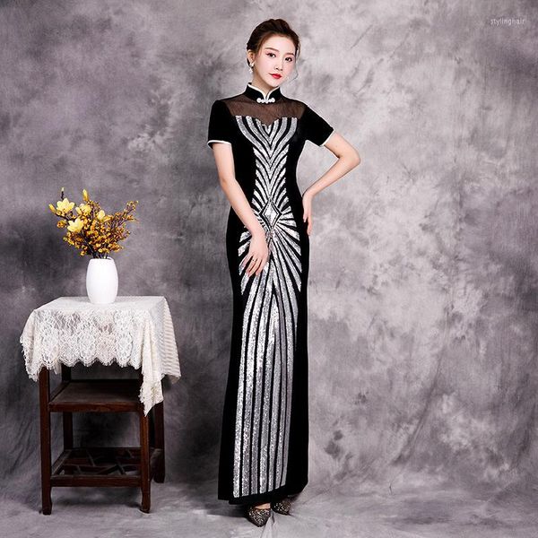 Ethnische Kleidung Luxus wunderschöne lange Gabel Pailletten schwarz Cheongsam Bühnenshow Tanzkleid elegant sexy schlank figurbetont Qipao Mode Kleid Neuheit