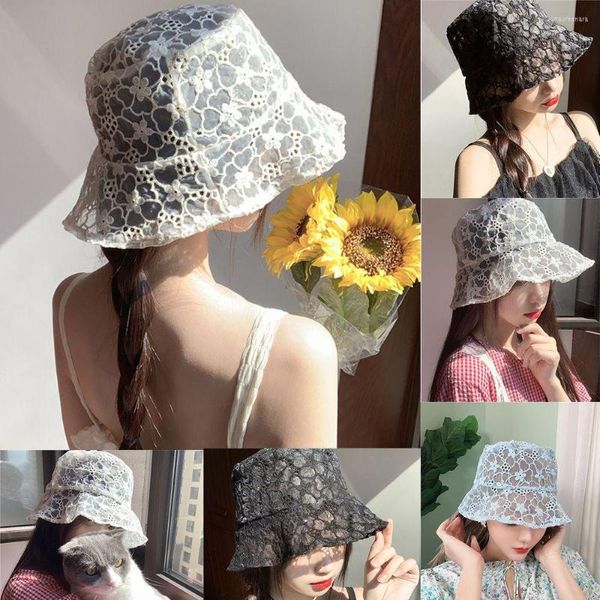 Cappelli a tesa larga Floppy Hollow da donna stile coreano fiore cappello a secchiello pescatore sole