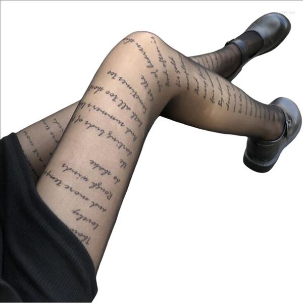 Mulheres meias mulheres calças justas sexy com inscrições letra transparente nylon tatuagens tatuagens calcinha mangueira de moda