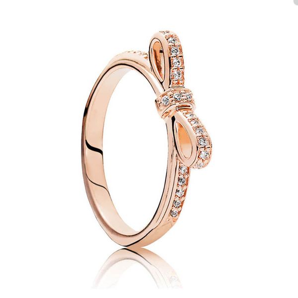 18K Rose Gold Classic Bow Ring para Pandora real Sterling Silver Party Jewelry Designer Rings Set para mulheres irmãs Gift Crystal Diamond Ring com caixa original