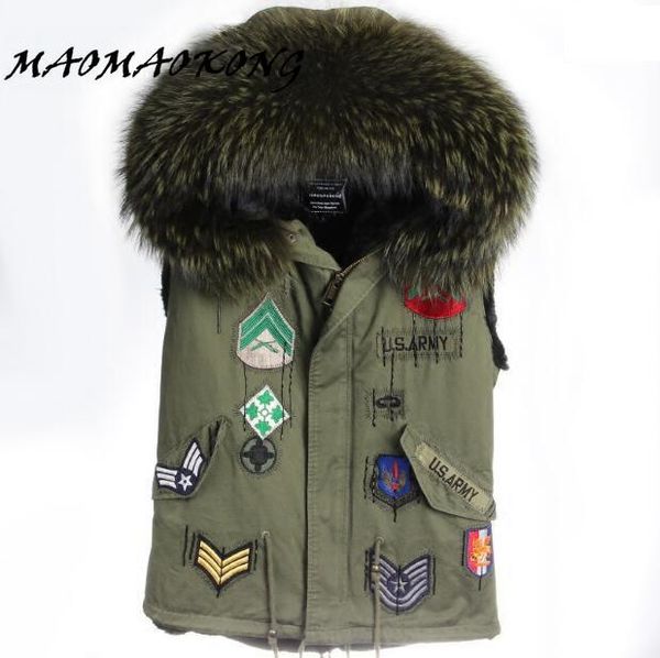 Coletes 2017 novo colete de pele de inverno com capuz estilo britânico exército cor verde real gola de pele de guaxinim feminino gilets marca venda quente