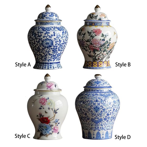 Oggetti decorativi Figurine Vaso di zenzero in ceramica in stile cinese Bellissimo vaso di fiori secchi Decorazioni asiatiche smaltate Centrotavola bianco blu Tempio 230508