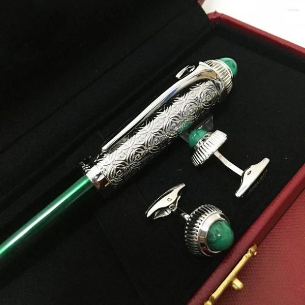 Luxo clássico clássico de couro preto branco caneta esferográfica verde laca para presente estacionário prateado clipe de ouro liso