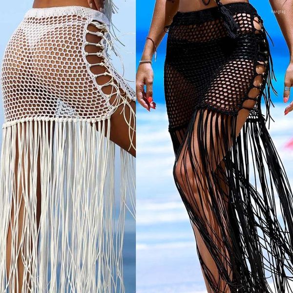 Costumi da bagno da donna Arrivano Copricostume da donna all'uncinetto Gonne da spiaggia Avvolgere Sarong Pareo Vita alta Gonna lunga con nappa lunga Solid Swimsui