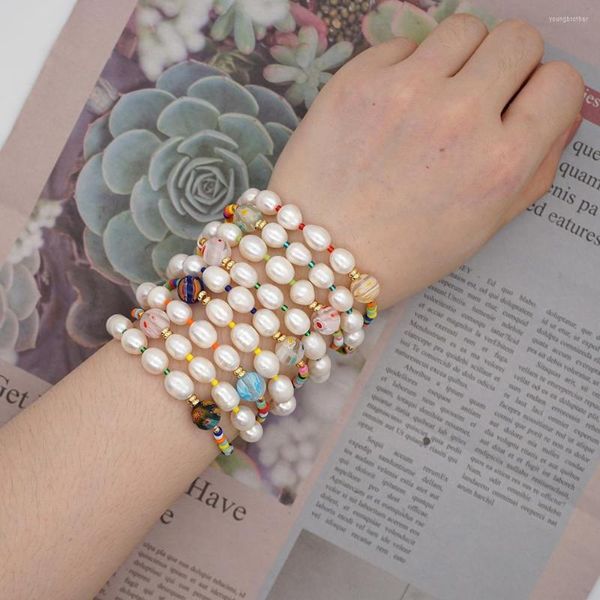 Link-Armbänder Go2boho Süßwasser-Perlen-Armband für Frauen Schmuck 2023 Trendy böhmischen bunten Perlenschmuck dehnbar Strand