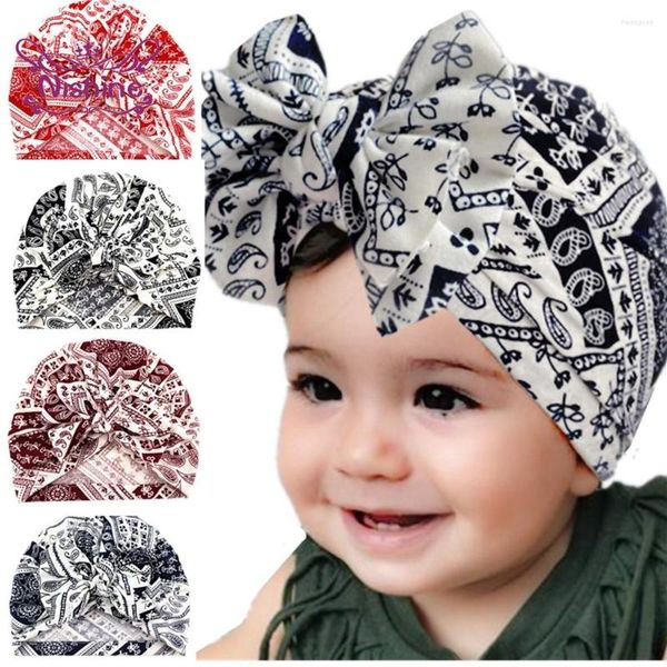 Berretti 18 19 Vintage Print Baby Girl Turban Hat Fashion Handmade Bowknot Cap Archi Copricapo Accessori per capelli Abbigliamento Decorazione